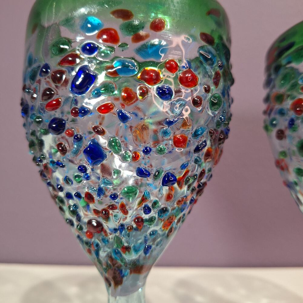 Hand-blown thick confetti glass wayer goblets set of 2 green blue speckled - Picture 2 of 5